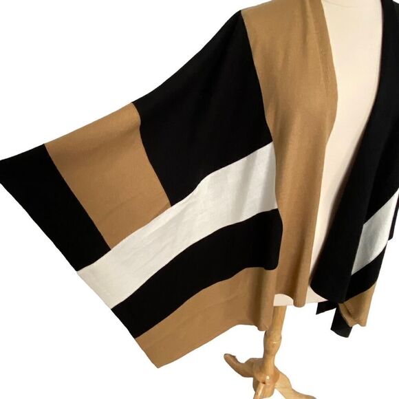 Parrish LA Colorblock Stevie Poncho Cape Wrap Sweater Camel Black Cream OS NWT - Picture 3 of 13